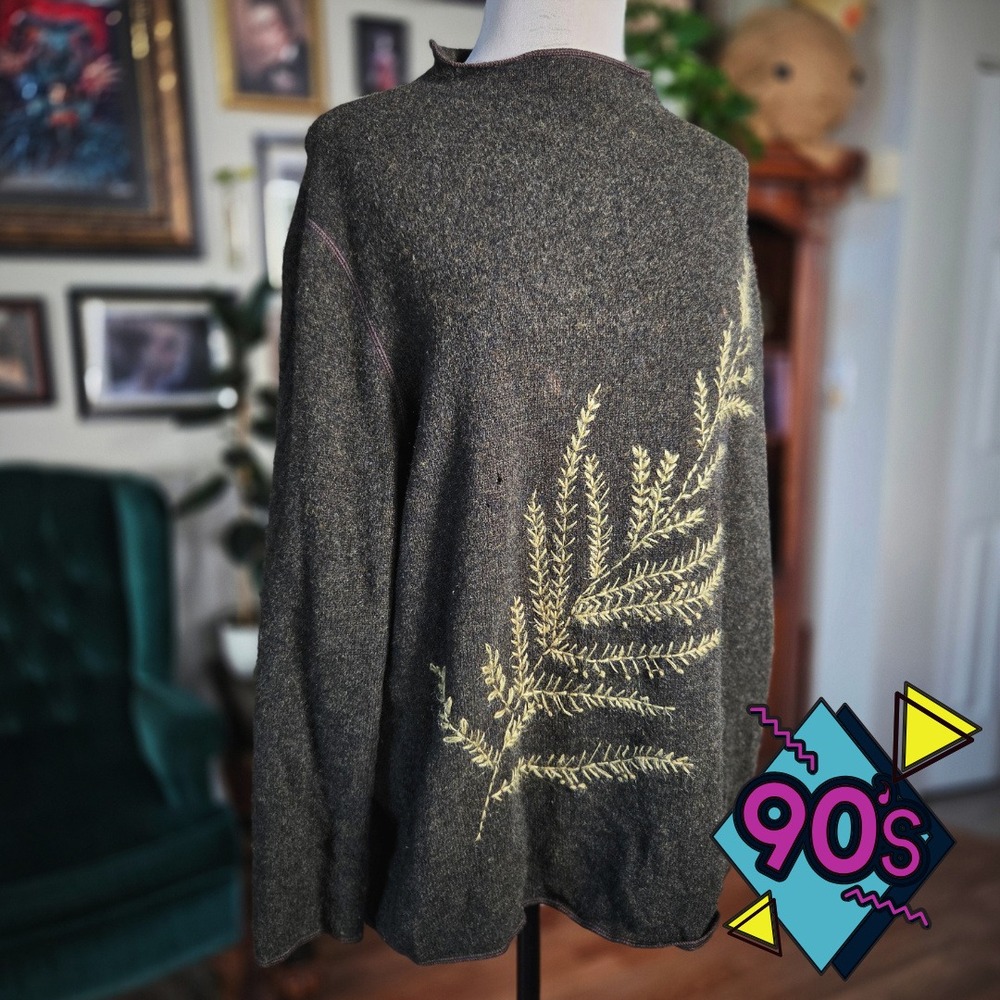 Jones Sweater Green Embroidered Fern Vintage 90s Mock Neck Wool Pullover XL